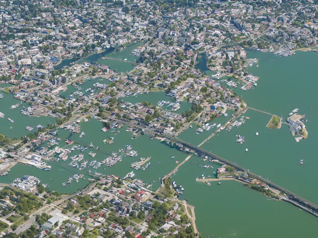 Image similar to bird's eye view photo of a small city with shops, shipping dock harbor, and beach to the south. a bridge crosses a big lake, with a town hall, marketplace, and towers to the north. there is a field in the middle of the city. small hills and woods north of the city
