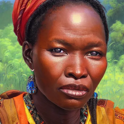 Image similar to portrait of a shona people woman ( 3 5 ) from zimbabwe in 2 0 2 1, an oil painting by ross tran and thomas kincade