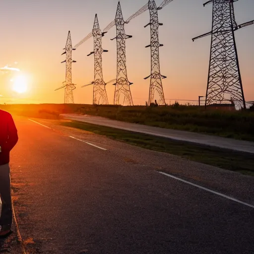 Image similar to man standing in front of electricity pylons at sunset, low angle