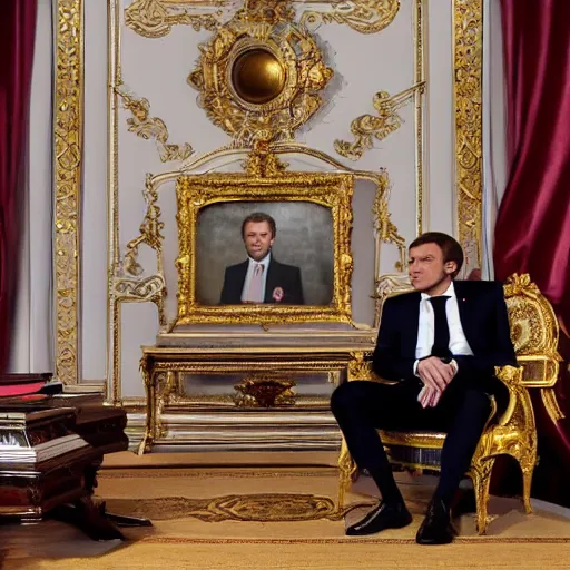 Prompt: Emmanuel Macron speaks with the richest man in the world, detailed, cinematic light, art by catholic saints