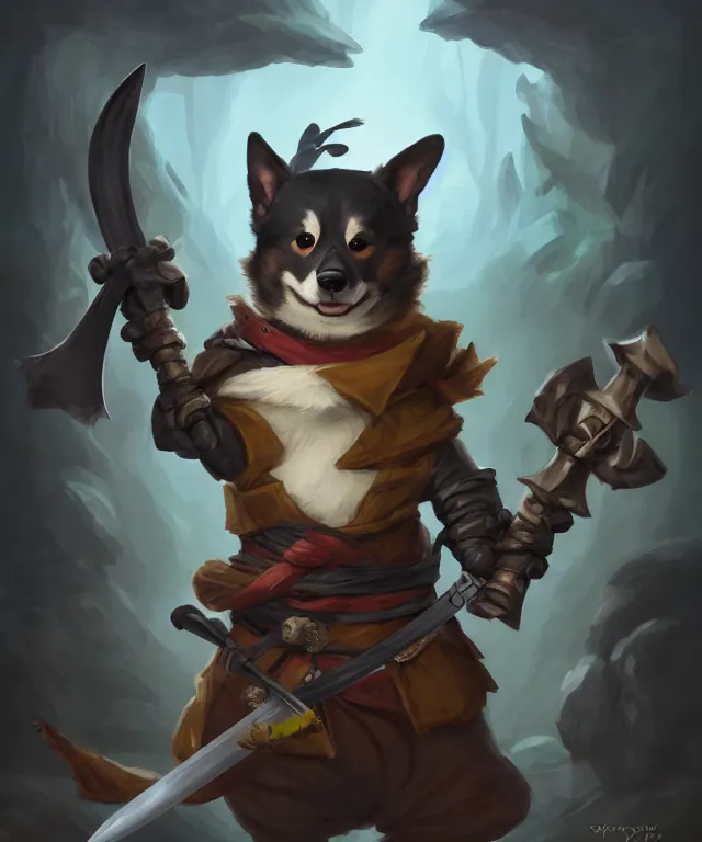 Prompt: anthropomorphic corgi ninja, ninja outfit, holding a katana, standing in a beautiful landscape, cute and adorable, dnd character art portrait, matte fantasy painting, deviantart artstation, by jason felix by steve argyle by tyler jacobson by peter mohrbacher, cinematic lighting