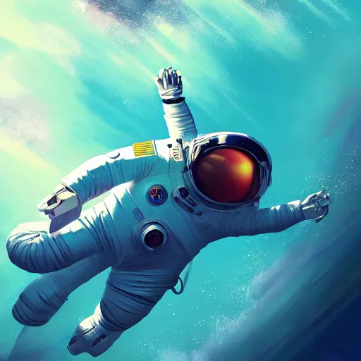 Image similar to an astronaut floating in the middle of deep underwater being hit by sun rays, trending on art station, atmosphere, concept art, photorealistic, high detailed