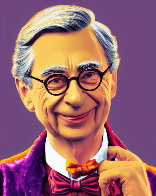 Prompt: Fred Rogers as Willy Wonka, digital illustration portrait design, detailed, gorgeous lighting, dynamic portrait