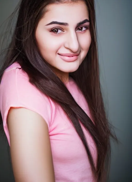 Image similar to A close-up photo of a beautiful Turkish 22 year old girl with hazel eyes, wide forehead and pink cheeks. Her hair is straight and tied into a ponytail. She is looking at the camera with a slight smile. A sense of awe, beauty, Detailed face features, hyper realism, studio, bokeh, shallow depth of field, neutral background, telephoto lens, photography from Vogue magazine, by Martin Schoeller, Sigma 500mm f/5