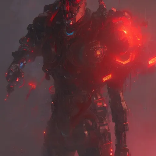 Image similar to cyborg warrior, red eyes, intricate, detailed, volumetric lighting, scenery, digital painting, highly detailed, artstation, sharp focus, illustration, concept art, ruan jia, greg rutkowski