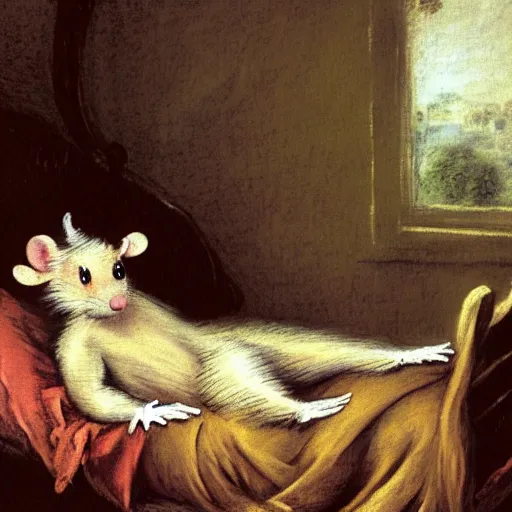 Prompt: anthropomorphic bipedal rat dressed in pajamas, and laying on a bed, classic oil painting, in the style of dungeons & dragons, and magic the gathering, by jean - antoine watteau, dusty, cluttered room, messy, comfy, sleepy, cool tones, fog, steam, vapor, mystic, dim, extremely detailed, sharp focus, 4 k