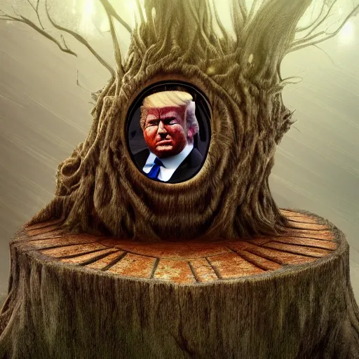 Image similar to donald trump is fused into a tree stump, hyperdetailed, artstation, cgsociety, 8 k