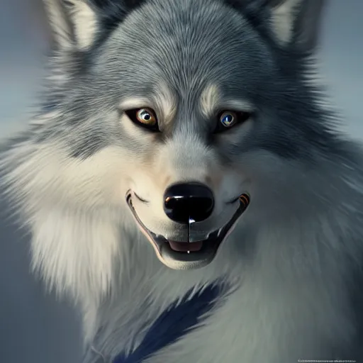 Image similar to photo realistic image of sora from kingdom hearts as an anthropomorphic wolf, stunning 3 d render inspired art by istvan sandorfi and greg rutkowski, perfect facial symmetry, realistic, highly detailed attributes and atmosphere, dim volumetric cinematic lighting,