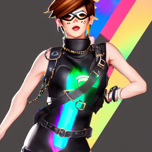 Image similar to full body digital artwork of tracer overwatch, wearing black iridescent rainbow latex tank top, 4 k, expressive happy smug expression, makeup, in style of mark arian, wearing detailed black leather collar, chains, black leather harness, leather cuffs around wrists, detailed face and eyes,