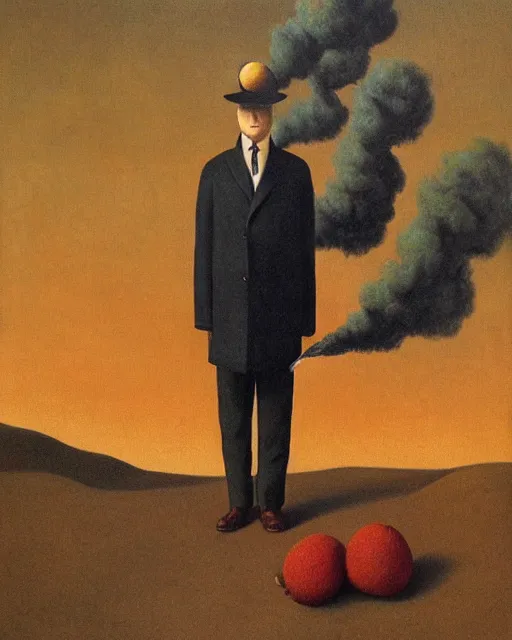 Prompt: painting of a man with a kiwifruit covering his face, wearing a bowler hat and overcoat with a red necktie, standing in front of a barren wasteland of smoke and fire, oil on canvas, style of Rene Magritte, by René Magritte