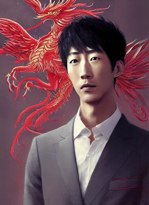 Prompt: concept art, a young chinese man with a pair of phoenix eyes, looks like kimura takuya, fair complexion, straight nose, thin lips, delicate eyebrows, handsome and elegant, wearing a chinese tunic suit with a red chinese dragon embroidered on it, conrad roset, greg rutkowski, flume cover art