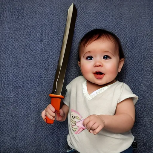 Prompt: a baby holding a giant oversized sword