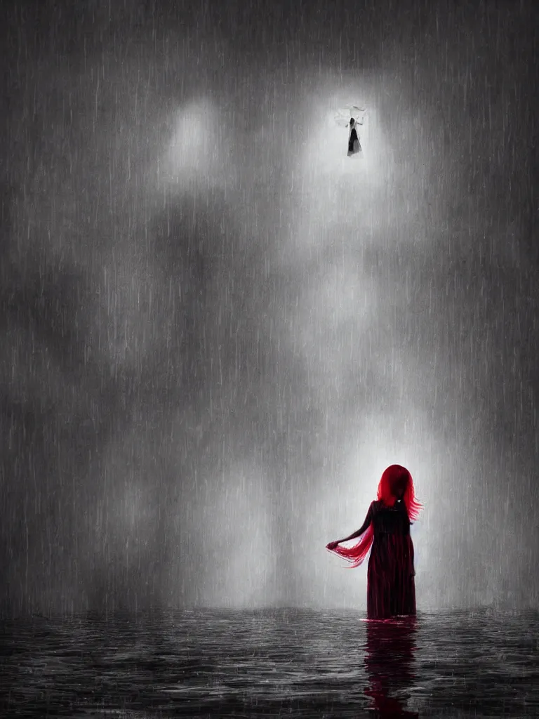 Image similar to cute drooping ectoplasmic fumo plush gothic maiden ghost apparition girl, in the lobby of a flooded abandoned hotel where it rains inside, volumetric fog, melting black and red dress, vignette, bokeh