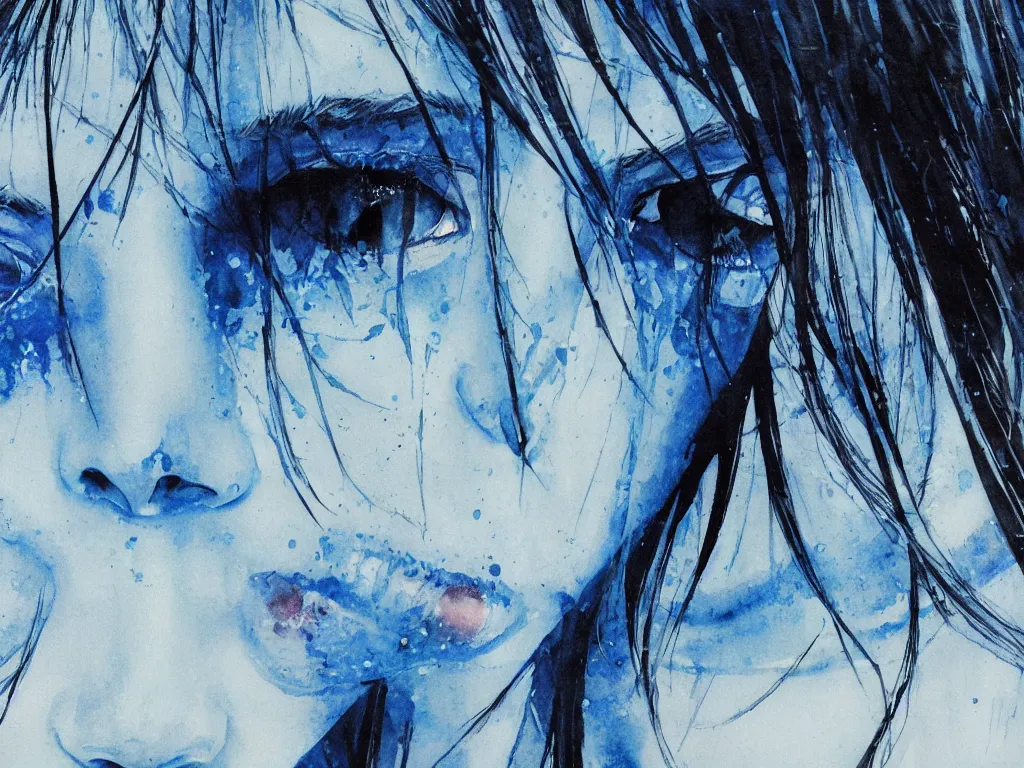 Prompt: the piercing blue eyed stare of yuki onna, freezing blue skin, painted in watercolor by yoji shinkawa, asymmetric, rule of thirds