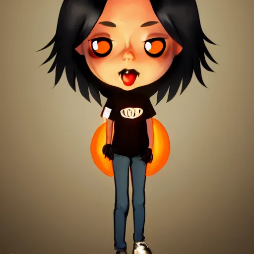 Image similar to tomboy cartoon girl with dark skin, black hair, wolf ears and glowing orange eyes, deviantart, artstation