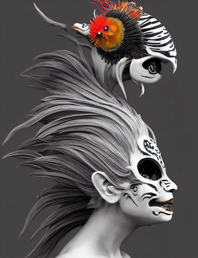 Image similar to 3 d goddess close - up profile simple portrait punk with mohawk with tiger skull. beautiful intricately detailed japanese crow kitsune mask and clasical japanese kimono. betta fish, jellyfish phoenix, bio luminescent, plasma, ice, water, wind, creature, artwork by tooth wu and wlop and beeple and greg rutkowski