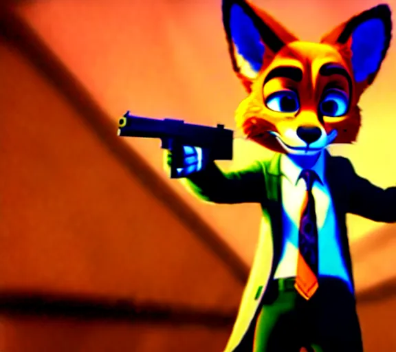 Prompt: nick wilde as max payne 3 set in gritty neo - noir zootopia, favela / furvela