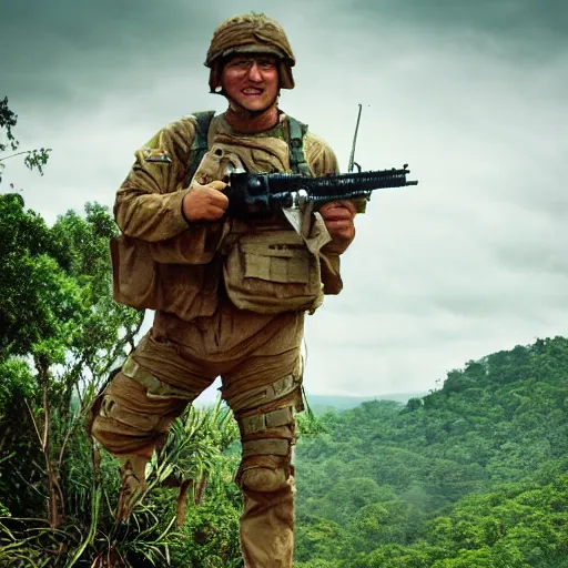 Image similar to cinematic shot of Elmo wearing 1960s U.S army combat armor and holding a rifle and sitting on the edge of a huey helicopter flying over a jungle, serious, epic,