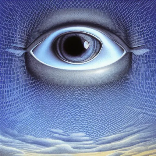 Prompt: Giant hyper-realistic floating eye in the clouds looking down over the inverted pyramids in the style of Mark Riddick and Rob Gonsalves, award winning album cover artwork, UHD, 8K High Definition, grain, gradient, noise