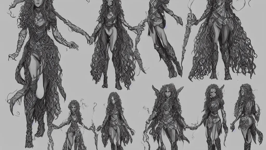 Prompt: a fantasy curly haired female elf druid character design sheet, trending on artstation