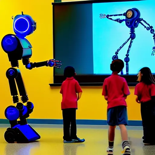 Image similar to cyberpunk robot teaching kids in an elementary school, national geographic photography, 3 d, looks like it was made by dall - e 2