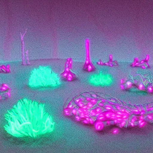 Prompt: neon fungi glowing with pink and cyan colors, emitting spores, midnight, fantasy, hyperrealistic, detailed, soft lighting, fireflies