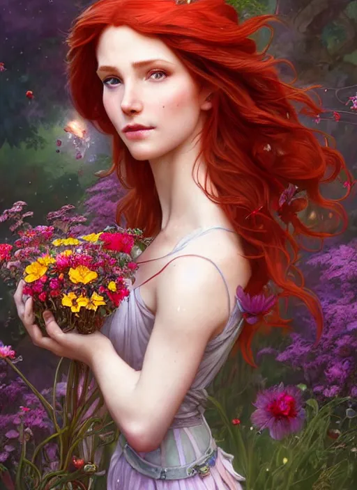 Image similar to a beautiful red haired woman as a fairy princess in a garden holding a bouquet of wild flowers, deep focus, d & d, fantasy, intricate, elegant, highly detailed, digital painting, artstation, concept art, matte, sharp focus, illustration, hearthstone, art by artgerm and greg rutkowski and alphonse mucha