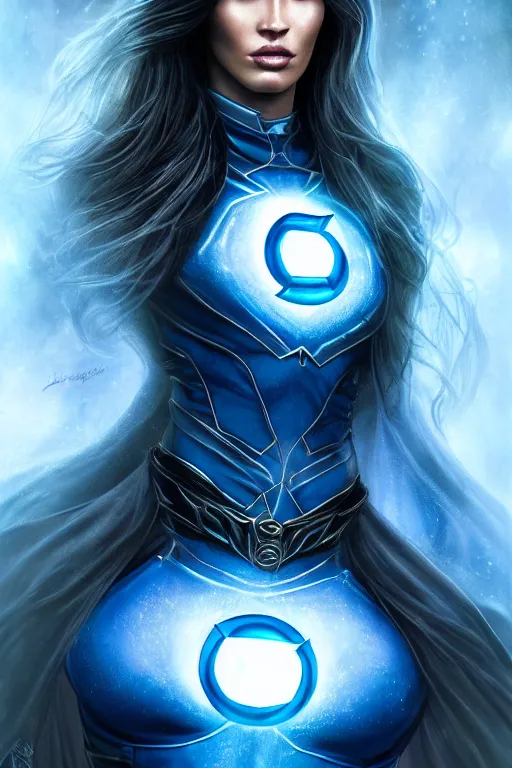 Image similar to majestic and regal portrait of megan fox female blue lantern, dc universe, perfect face, beautiful, intricate, epic, elegant, fantasy, highly detailed, digital painting, hard focus, beautiful volumetric lighting, epic light, ultra detailed, by leesha hannigan, ross tran, thierry doizon, kai carpenter, ignacio fernandez rios