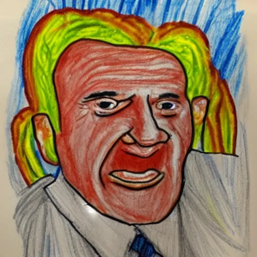 Image similar to child's crayon drawing of richard nixon swimming in spaghetti.