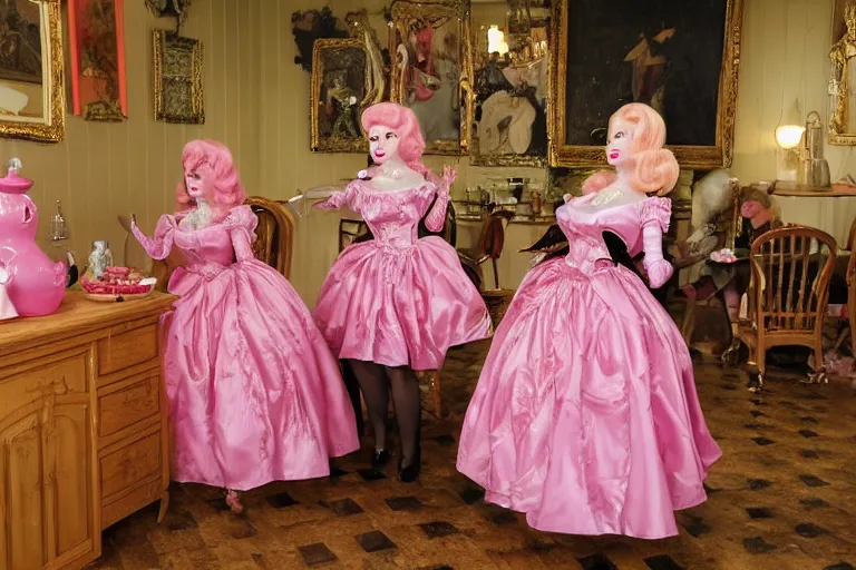 Image similar to Angelyne fights a clone of herself in the tea room, painted by mark ryden