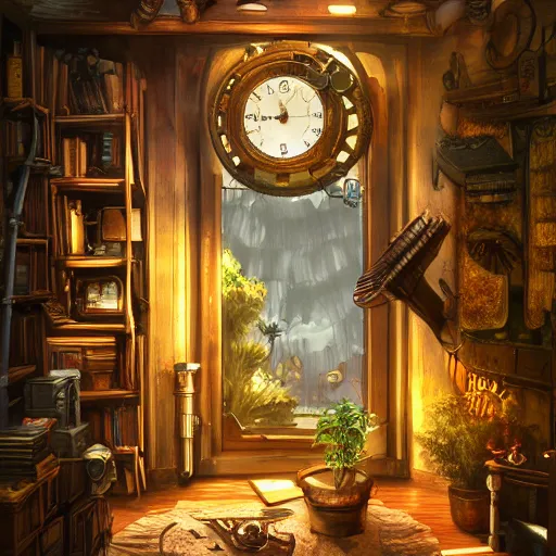 Prompt: very tidy steampunk home office overseeing a magical portal, plants, beautifully lit, very detailed painting, hyperrealism, trending on artstation