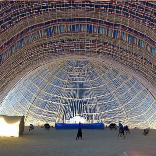 Image similar to epic geometric cat shaped canvas dome stage installation burning man playa