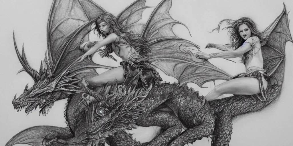 Image similar to a beautiful pencil drawing of a fairy girl riding a dragon; masterpiece; extremely highly detailed; ultra-realistic; trending on artstation