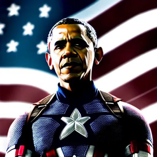 Image similar to barack obama as captain america in the avengers. movie still. cinematic lighting.