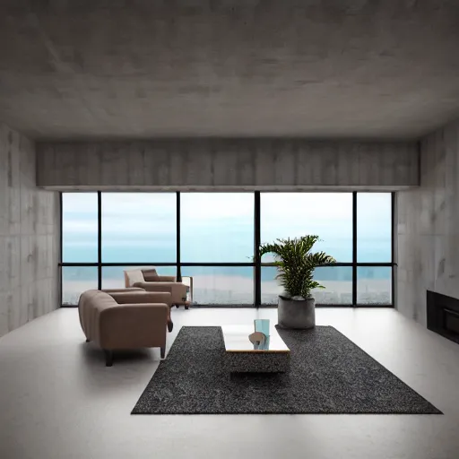 Image similar to brutalist open living room, big windows, showing storm ocean landscape on background, minimalist architecture, minimalist furniture, octane render, high quality, 8 k, post production