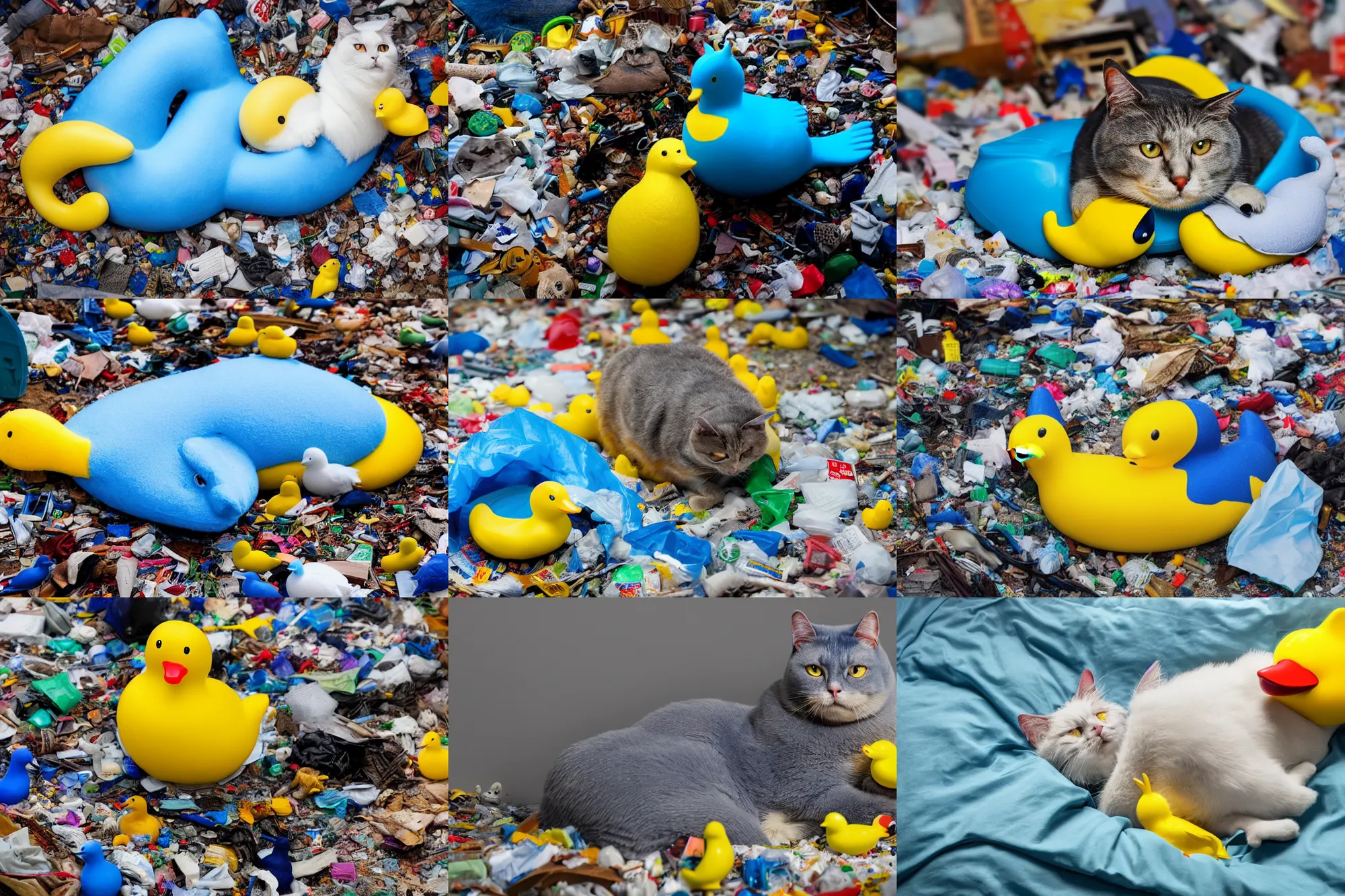 Prompt: helf blue half yellow fat fat cat hugging a plastic duck toy, laying in messy bed full of trash, insanely detailed, 8 k, hdr, gfx association, low angle, tilted, perfect lighting, macro lens, professional lenses awards winning trending on artstation, cover, national geographic best photo of the year