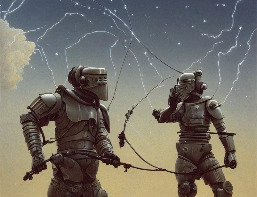 Image similar to a detailed portrait painting of a lone shock trooper in combat armour and visor. cinematic sci-fi poster. Flight suit and wires, accurate anatomy. Samurai influence, knight influence. fencing armour. portrait symmetrical and science fiction theme with lightning, aurora lighting. clouds and stars. Futurism by moebius beksinski carl spitzweg moebius and tuomas korpi. baroque elements. baroque element. intricate artwork by caravaggio. Oil painting. Trending on artstation. 8k