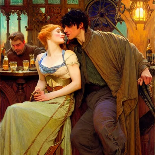 Image similar to attractive arthur pendragon and merlin go to a pub together to have some drinks. highly detailed painting by gaston bussiere, craig mullins, j. c. leyendecker, alphonse mucha 8 k