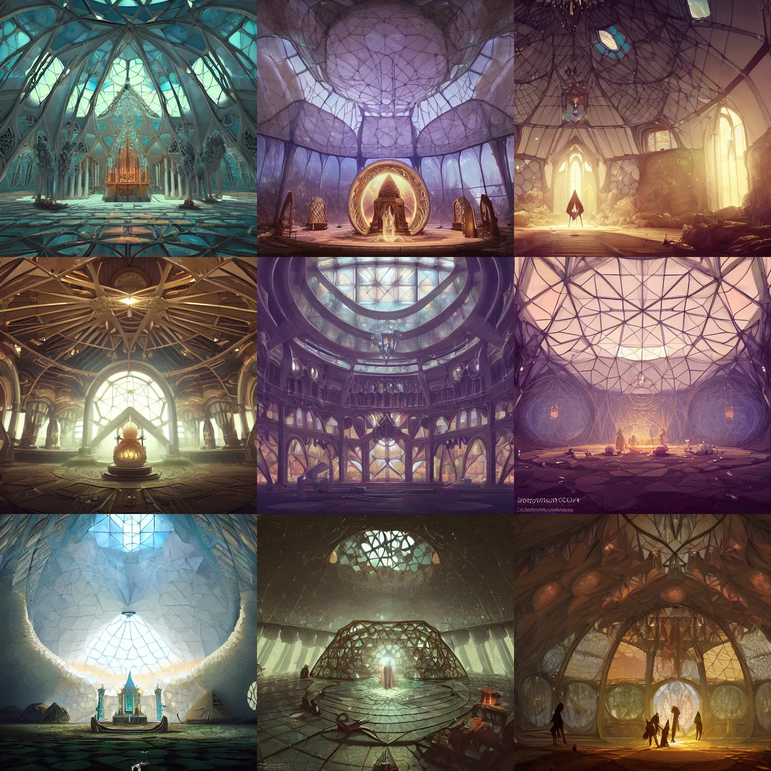 Prompt: beautiful chapel in a geodesic dome, giant pillars, crystal walls, light dust, by peter mohrbacher dan mumford craig mullins nekro, cgsociety, pixiv, volumetric light, 3 d render