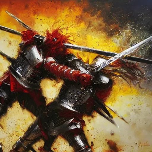 Prompt: Close up shot of two knights clashing swords on a brutal battlefield by Jeff Legg, oil painting