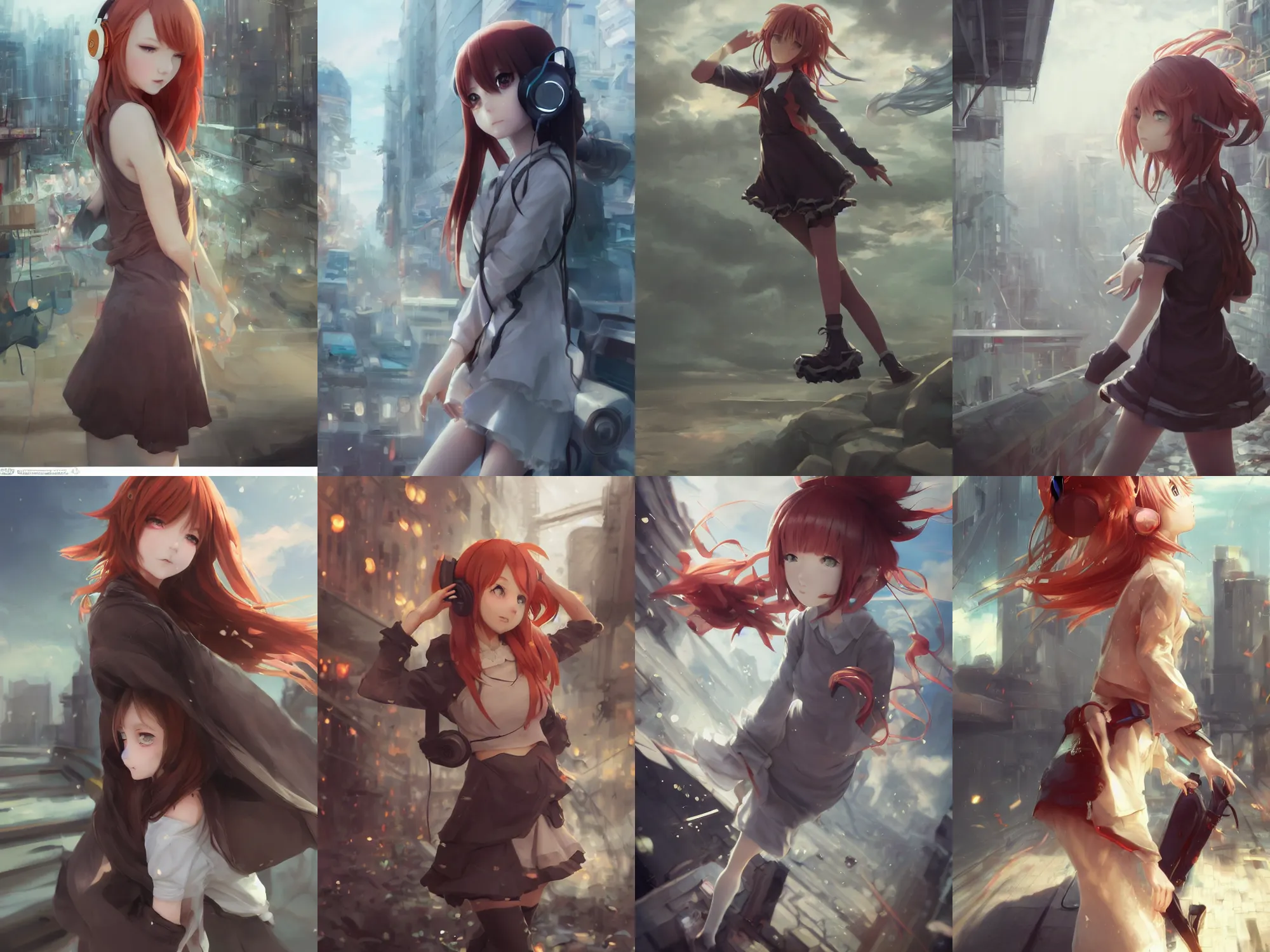 Prompt: complicated dynamic composition,realistic anime style at CGSociety by WLOP,krenz cushart,Greg Rutkowski,trending on artstation. Zbrush sculpt colored,Octane render in Maya and Houdini VFX,realistic cute young redhead girl in motion, expressing joy, dress,headphones,silky hair, deep eyes.In cityscape.Amazing textured brush strokes.Cinematic dramatic atmosphere,sharp focus, soft volumetric studio lighting.