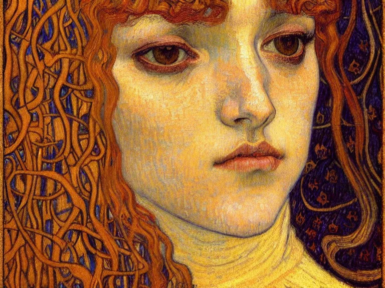 Image similar to detailed realistic beautiful young medieval queen face portrait by jean delville, gustav klimt and vincent van gogh, art nouveau, symbolist, visionary, gothic, pre - raphaelite, muted earthy colors, desaturated