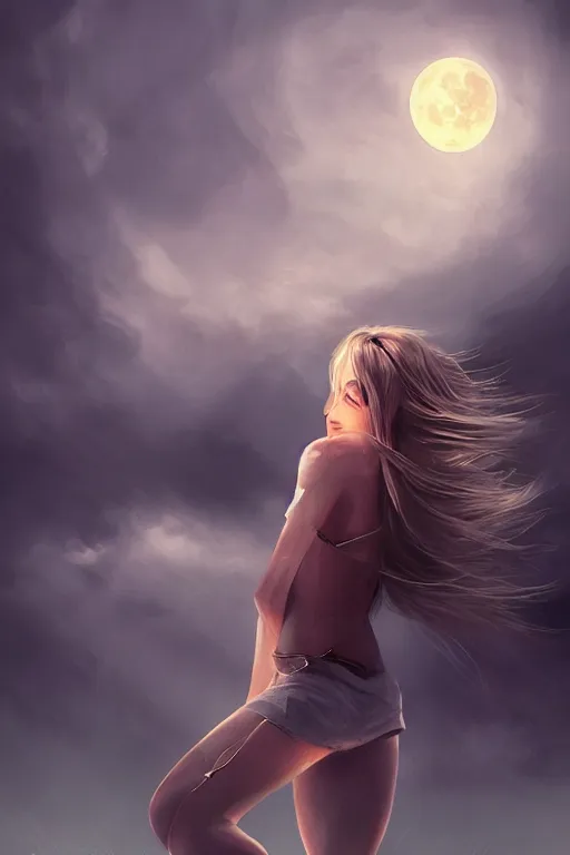 Prompt: fantasy beautiful leg long hair girl portrait, back view, cloud sky and moon night background, high detail, cinematic lighting concept art, digital art