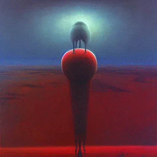 Image similar to long shot of among us red armless astronaut space ship in the background, amogus, art by zdzislav beksinski, high quality, dark hues, higly detailed, oil painting