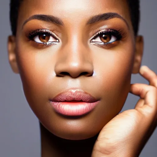 Image similar to a closeup portrait of a black woman with brown hair and brown eyes. Extremely clear and high quality eyes with reflection, realistic face and details, clear lips and high quality