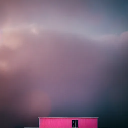 Image similar to a 5 0 mm lens photograph of a cute pink floating modern house, floating in the air between clouds, inspired by the movie up, held up from above by heart ballons. mist, playful composition canon, nikon, award winning, photo of the year