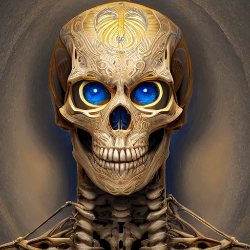 Image similar to hyperdetailed skeleton head with blue human eyes, human eyes, symetry, golden ratio, intricate, detailed, volumetric lighting, scenery, digital painting, highly detailed, artstation, sharp focus, illustration, detailed vectorart