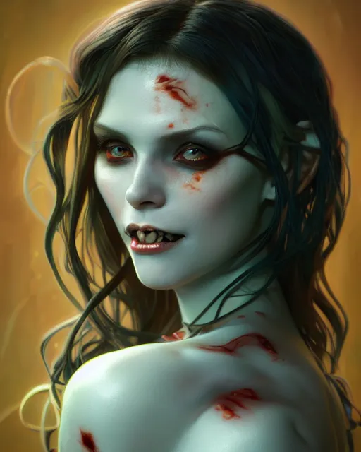 Image similar to portrait of a cute female vampire, bioluminescent, veins, horror, happy, highly detailed, digital painting, cinematic, hyperrealism, dark retrowave, art by stanley lau and artgerm and magali villeneuve and alphonse mucha, artstation, octane render, cgsociety