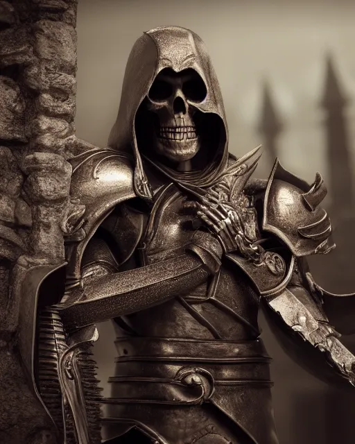 Prompt: closeup skeletor standing in a castle, rim lighting, octane, dark souls, craig mulins, octane, 8k