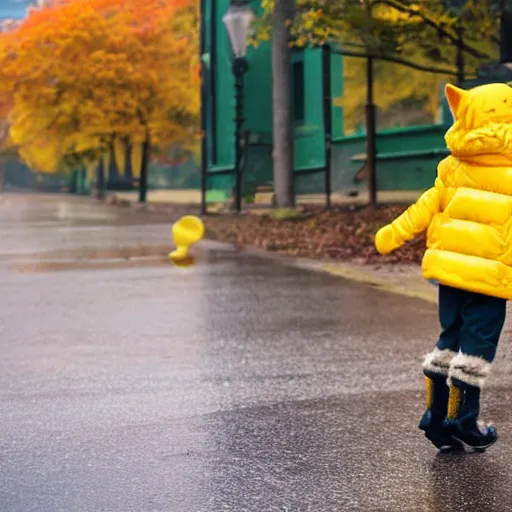 Image similar to anthropomorphic cute kitten wearing a yellow raincoat and yellow boots getting on the school bus on the first day of kindergarten, with colorful fall leaves and light rain, by Wes Anderson